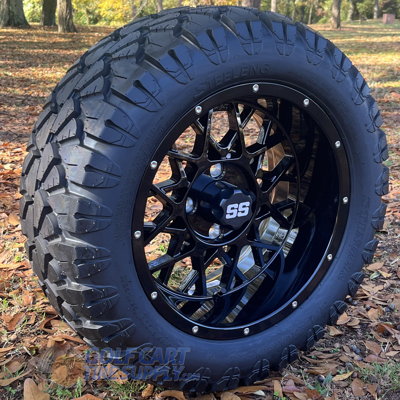 14 inch VENOM Black Wheels and 23x10-14 All Terrain Golf Cart Tires Outdoors