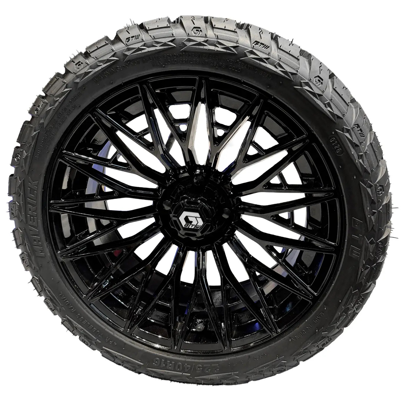 16 inch BLUR Gloss Black Wheels and 23x9-16 All Terrain Golf Cart Tires