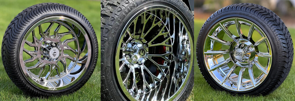 Three chrome golf cart wheels side by side, two on low profile street tires in the grass and one on an all terrain tire mounted on a golf cart