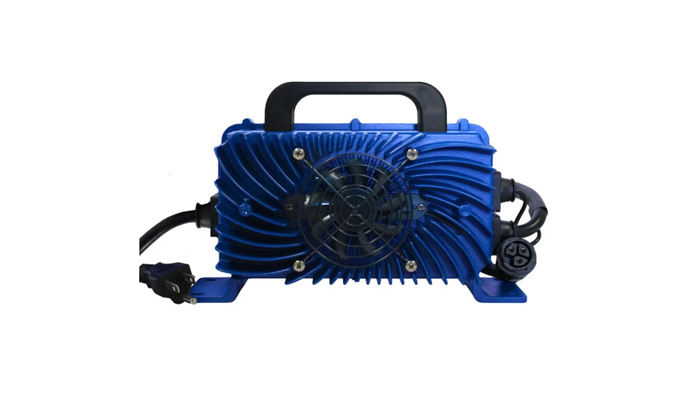 ALLIED 15 amp waterproof lithium golf cart charger Blue ALLIED 15 amp waterproof lithium golf cart battery charger with carry handle and cooling fins on a white background