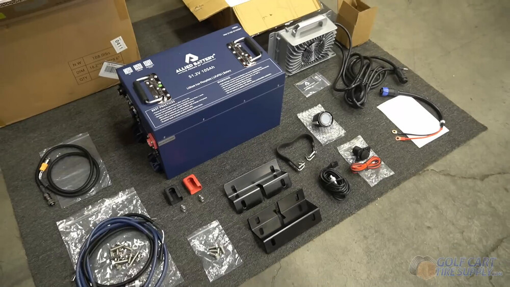 ALLIED 48V 105Ah lithium kit for Club Car Tempo ALLIED 48V 105Ah lithium battery kit parts laid out on a shop mat for a 2019 Club Car Tempo golf cart conversion
