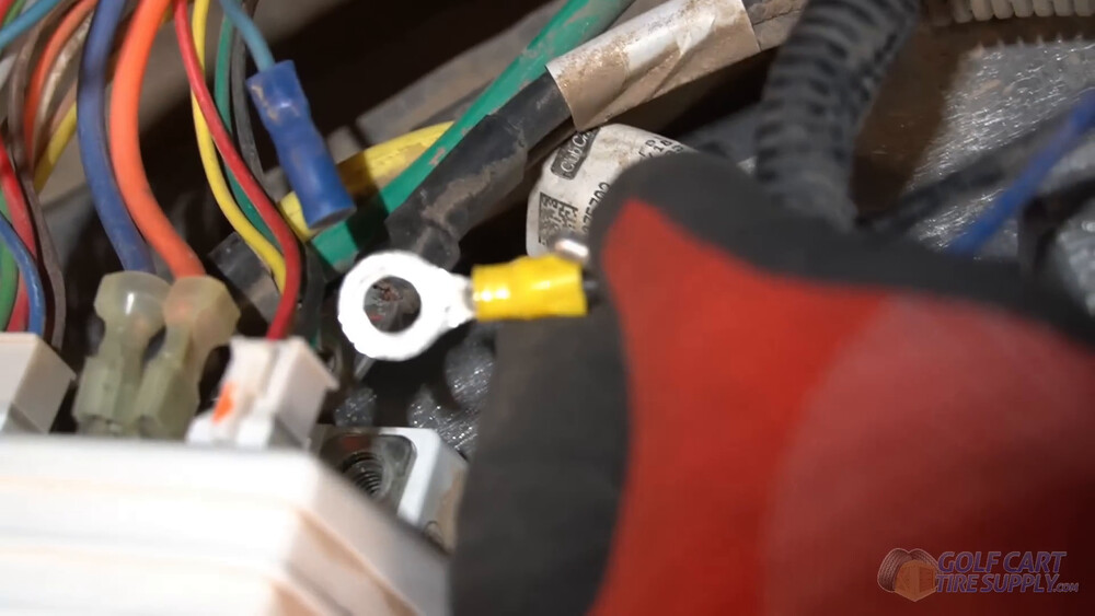 Black charge port wire at the Club Car Tempo controller Black charge receptacle wire ring terminal lifted off the motor controller terminal in a 2019 Club Car Tempo golf cart