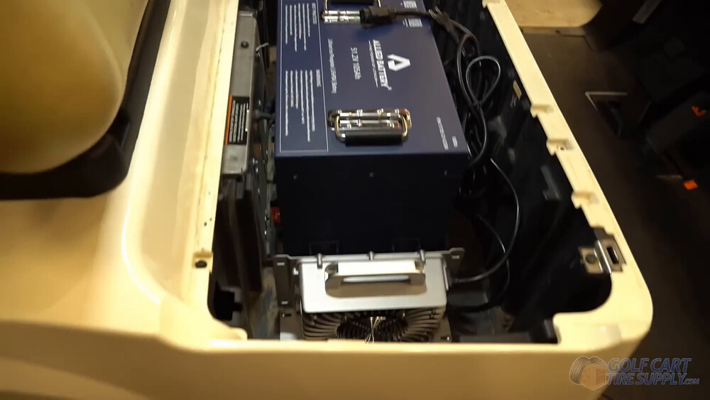 On-board charger mounted in a Club Car Tempo ALLIED on-board charger mounted beside the lithium battery in the battery bay of a white 2019 Club Car Tempo golf cart