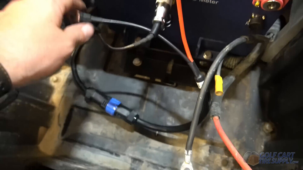 Club Car Tempo battery cables ready for the lithium terminals Black and red cables with ring terminals ready for the ALLIED lithium battery terminals in a 2019 Club Car Tempo golf cart