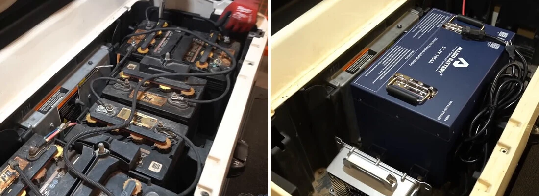 Club Car Tempo lithium conversion Before and after battery bay of a white 2019 Club Car Tempo golf cart, lead-acid on the left and ALLIED lithium on the right