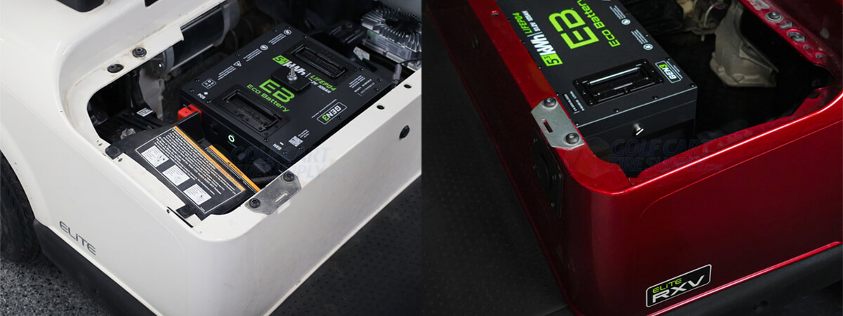 EZGO RXV lithium battery replacement EZGO RXV factory lithium battery replacement sitting in two different Gen 1 EZGO RXV ELiTE golf carts
