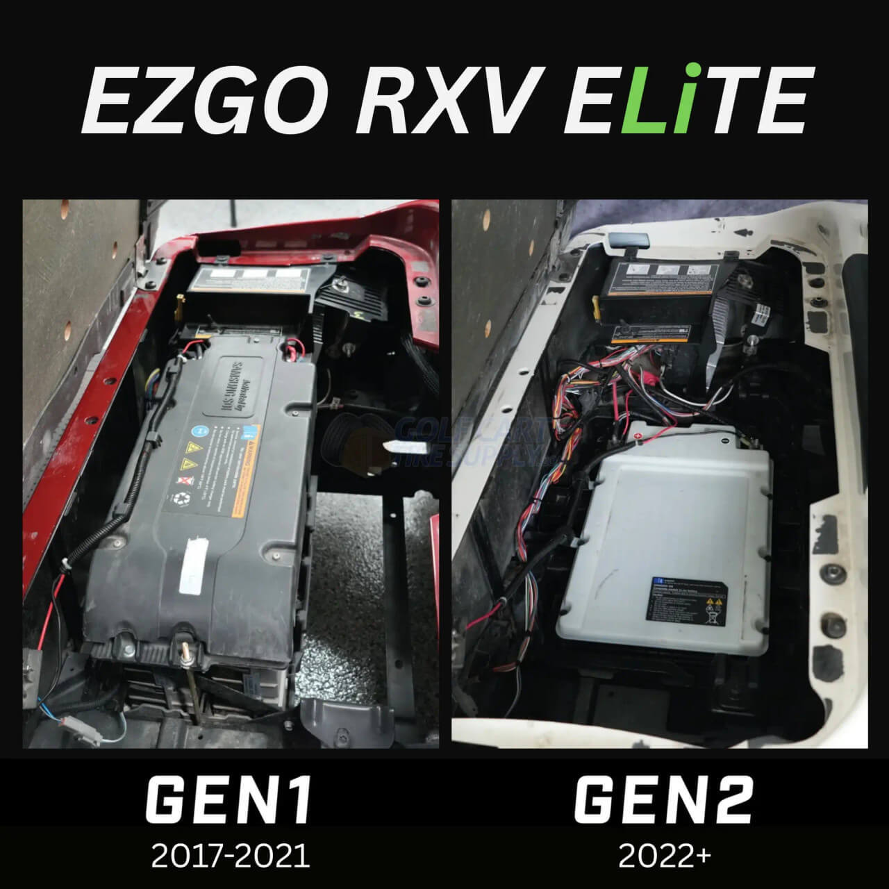 EZGO RXV Gen 1 vs. Gen 2 lithium battery How to Identify factory EZGO RXV ELiTE lithium battery Gen 1 versus Gen2 golf carts