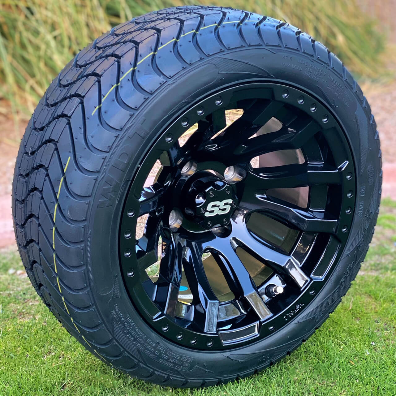 12 inch Maverick Gloss Black Golf Cart Wheels and 215/40-12 Golf Cart Tires