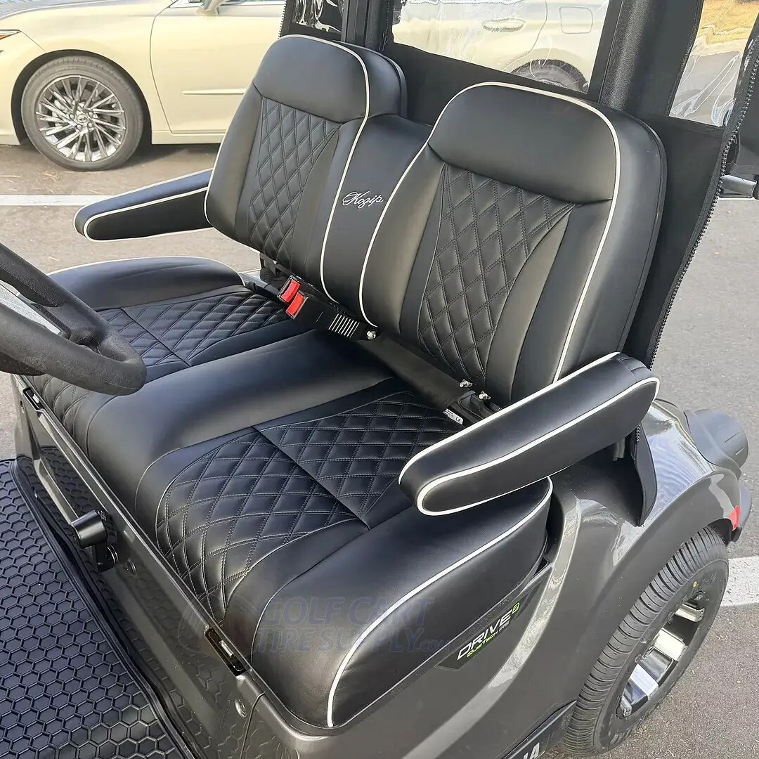 Custom golf cart seats with black leather stiching